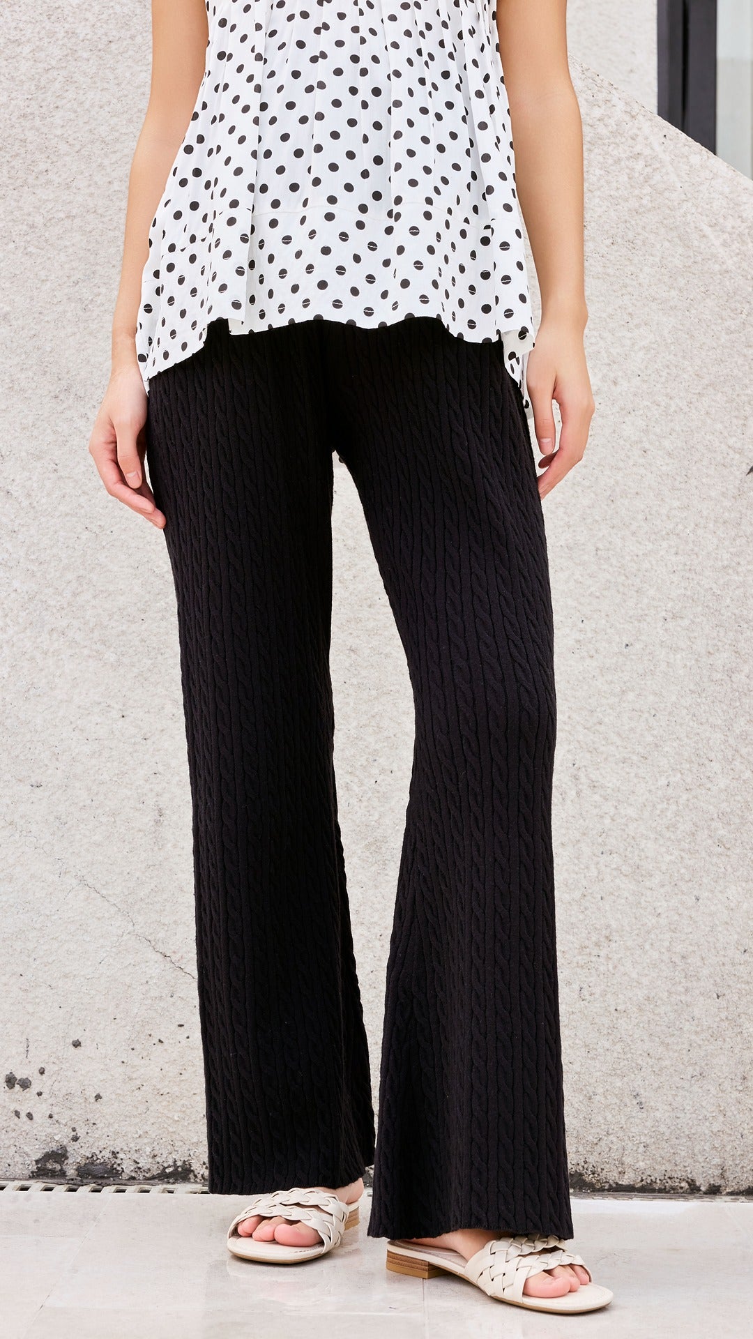 Cable Knit Straight Flared Pants - Black