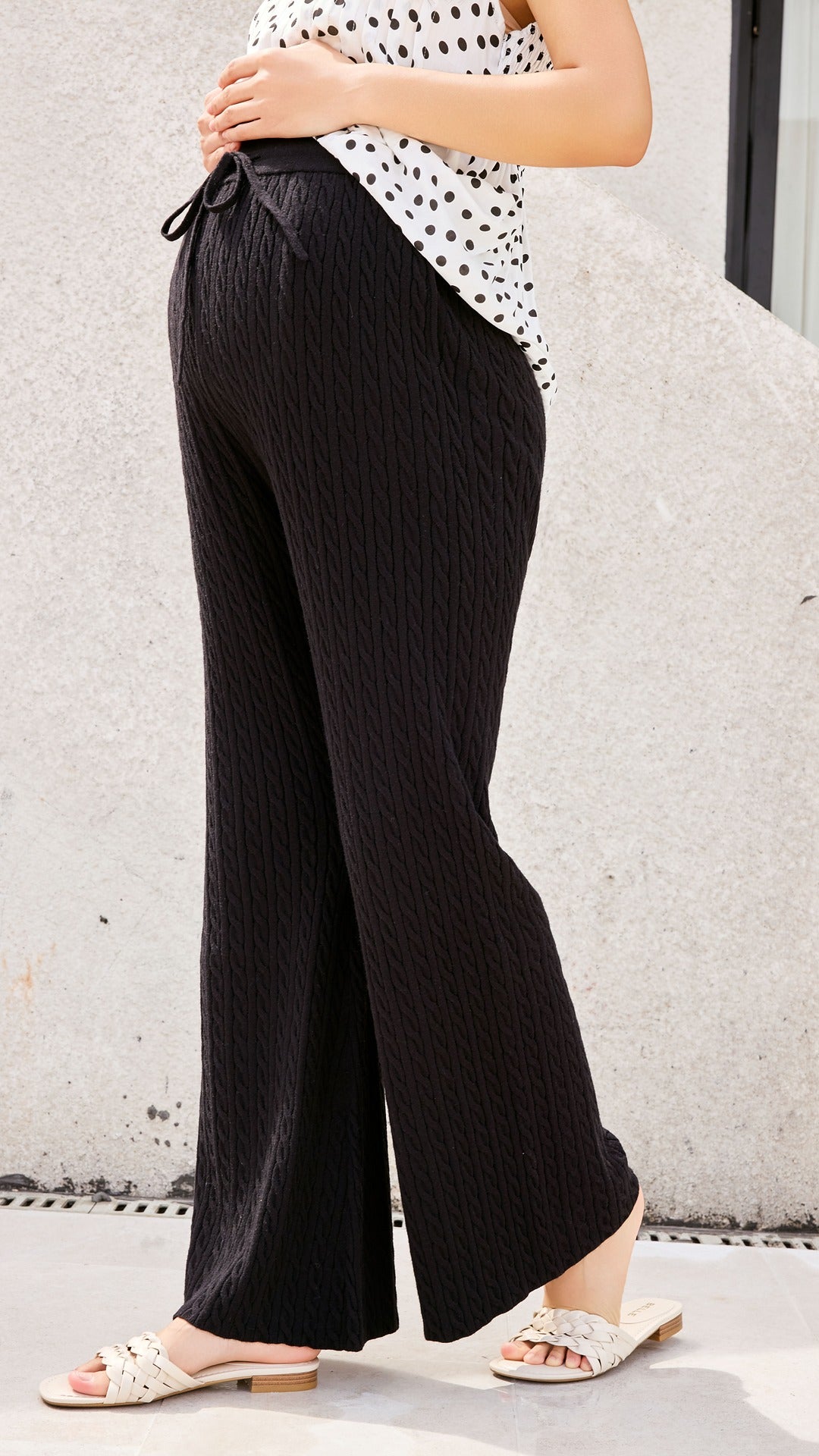 Cable Knit Straight Flared Pants - Black