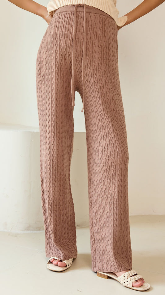 Cable Knit Straight Leg Pants - Brown