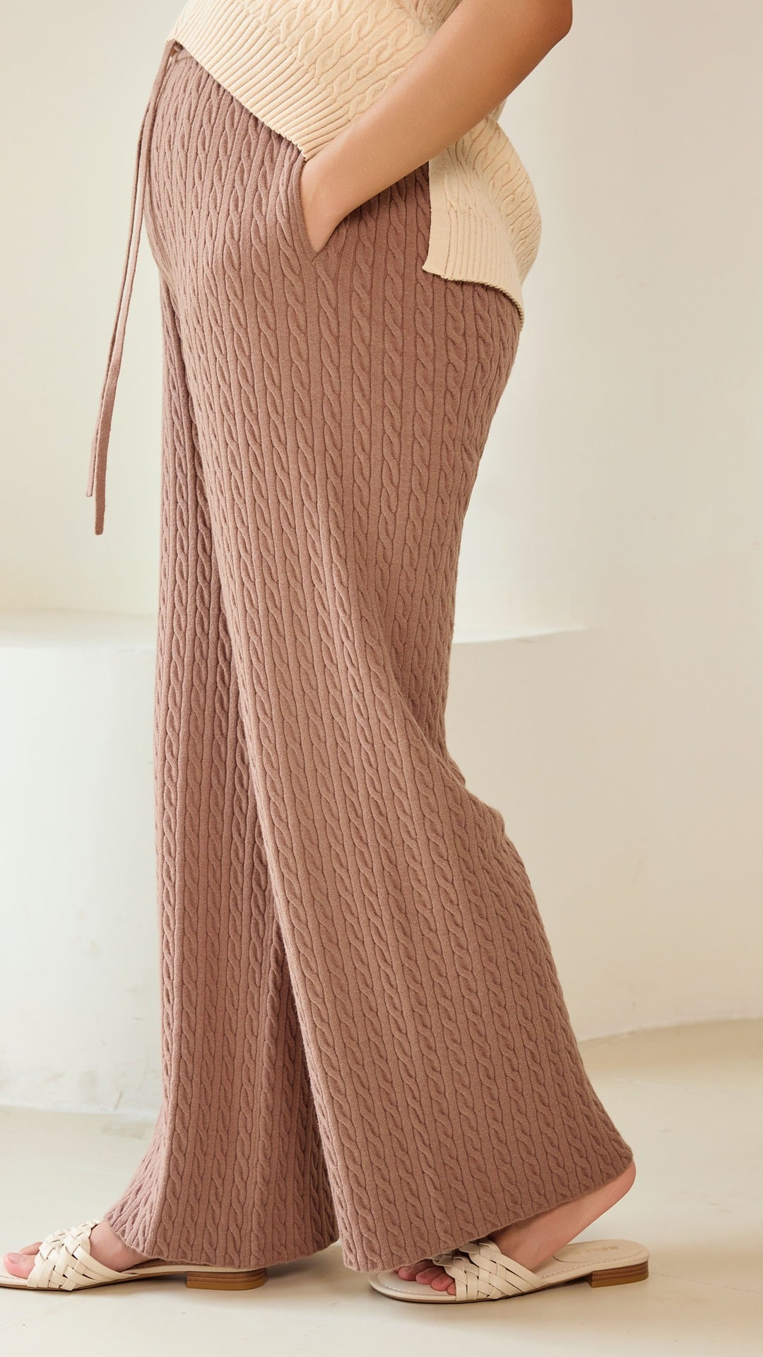Cable Knit Straight Leg Pants - Brown